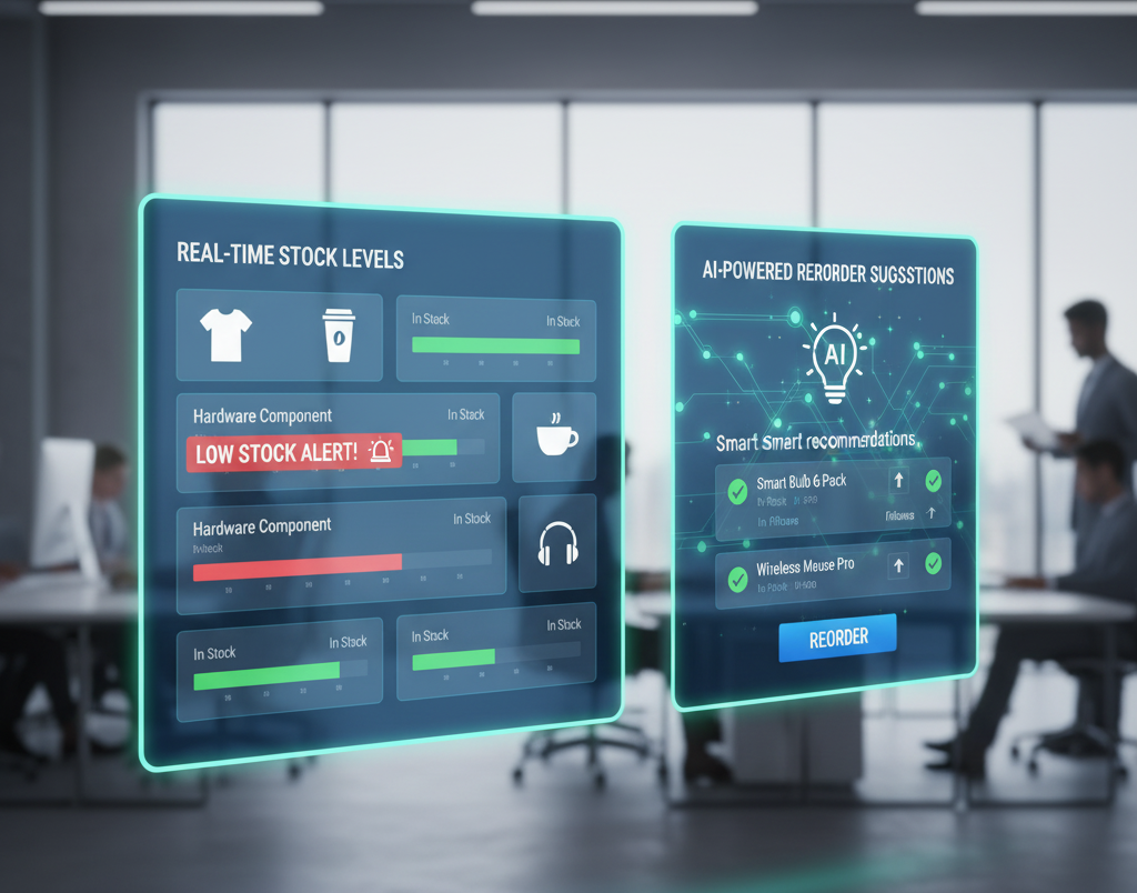A clean warehouse with neatly organized shelves and a person scanning a barcode with a handheld device.